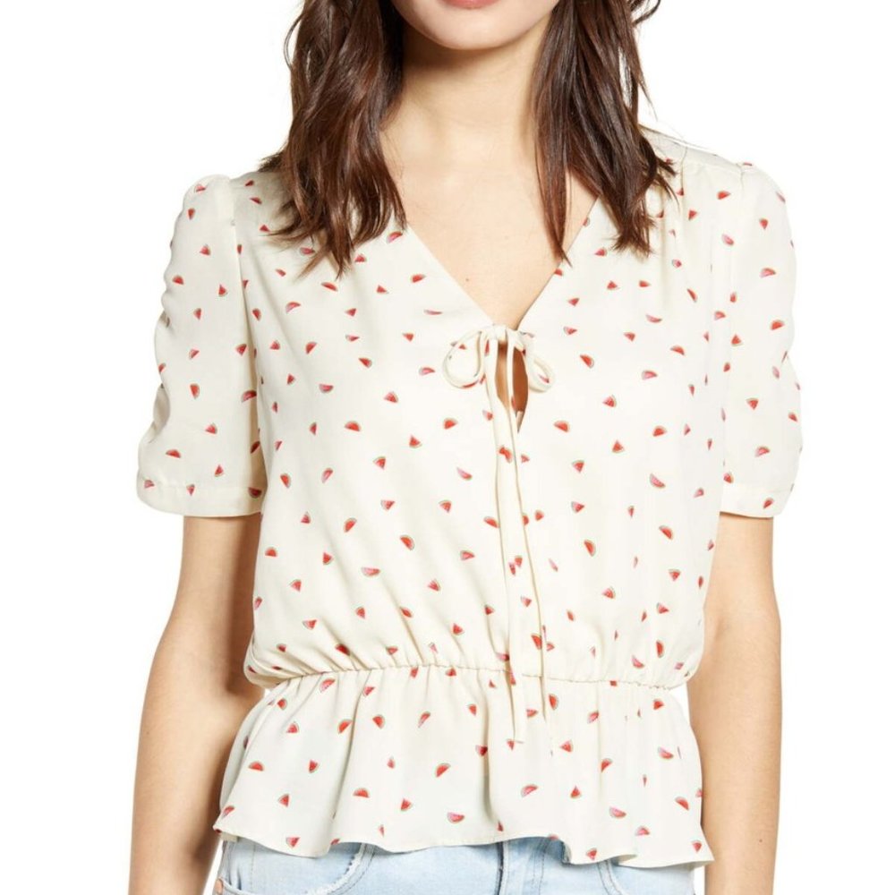 Socialite Watermelon Cinch Sleeve Tie Front Top